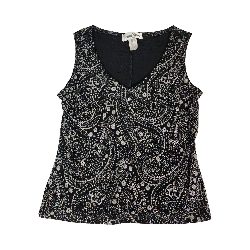 Ronni Nicole Black Silver Glitter Paisley V-Neck Sleeveless Top Womens Medium